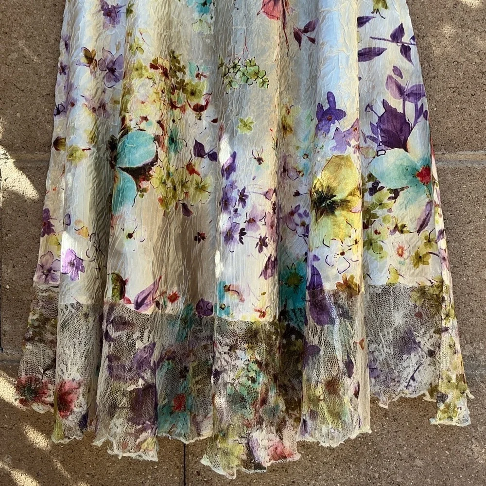 NWOT Komarov Floral Crinkle Lace Satin Midi Dress Large Fit & Flare Keyhole Chic
